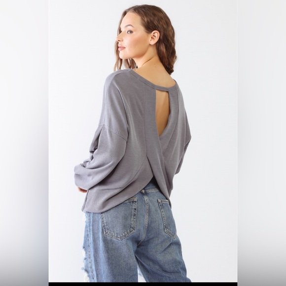 Tops - New Gilli Waffle Knit Long Sleeve Back Wrap Cut-Out Vintage Denim Style Top